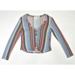 Hiatus Top Women's Small Stripe V-neck Button Up Shirt Long Sleeve